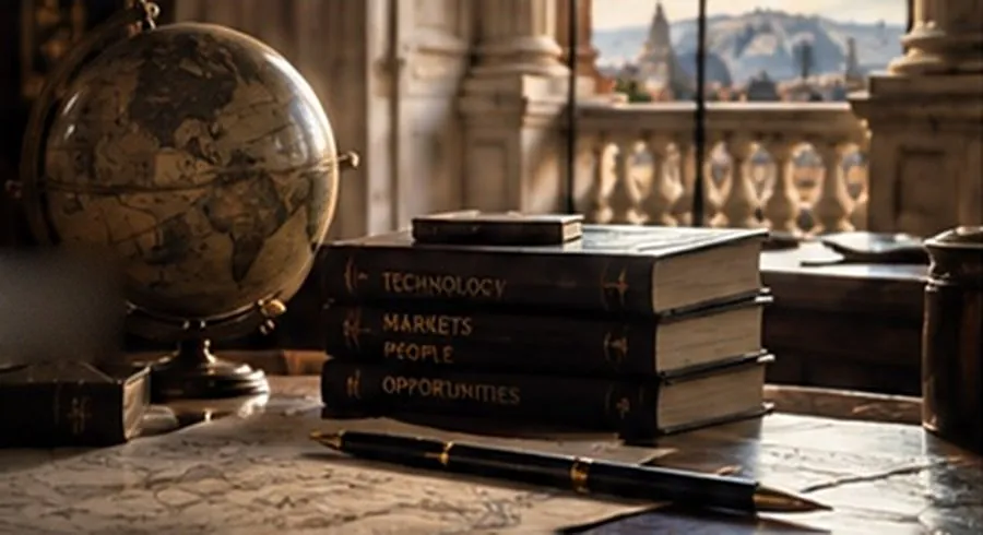 A globe, a stack of leather-bound books and a fountain pen on a desk in a Roman library